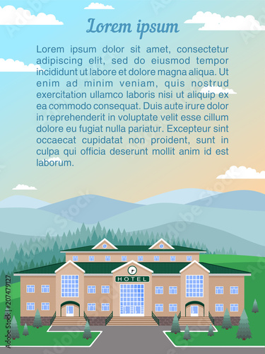 Fototapeta Naklejka Na Ścianę i Meble -  country hotel in nature, a classic building of light brick with a green roof, three entrances, against the background of meadows, forests,mountains, sky.With space on top for text, description