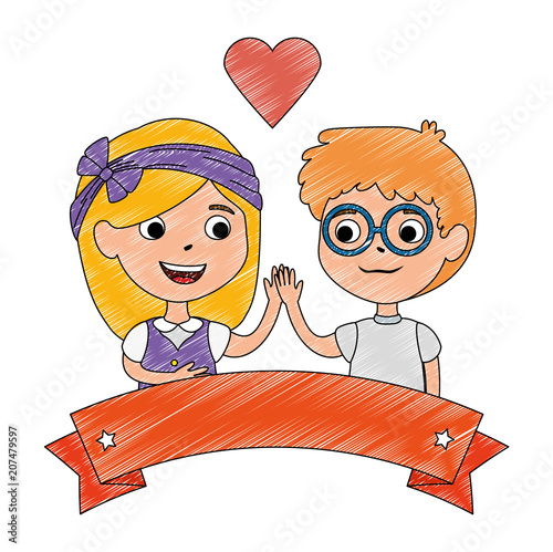 little kids couple with heart and ribbon vector illustration design photo