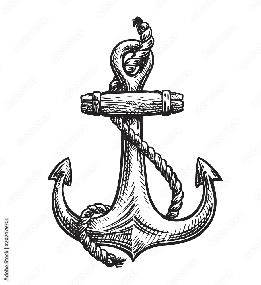 Vintage anchor with rope. Hand-drawn sketch, vector illustration Stock ...
