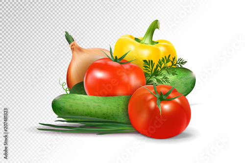 Fresh vegetables on transparent background. Tomatoes, cucumbers, pepper and onion composition. Realistic vector, 3d illustration