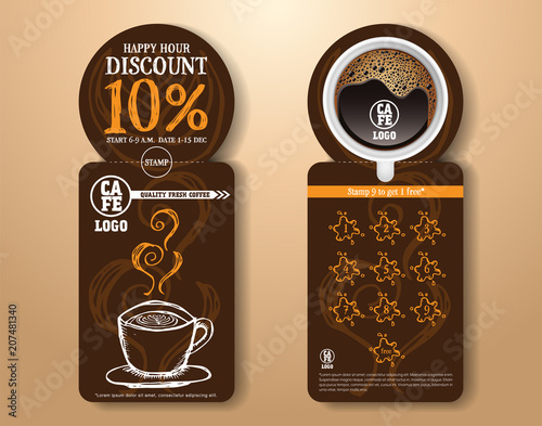 Coffee voucher. Cafe gift card happy hour discount and stamp for free on dark brown background vector