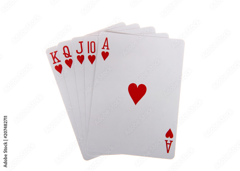 Playing cards, royal flush. A royal flush is a straight flush that has a  high card value of Ace. This is the highest hand in the game of poker.  Hearts. Stock Photo