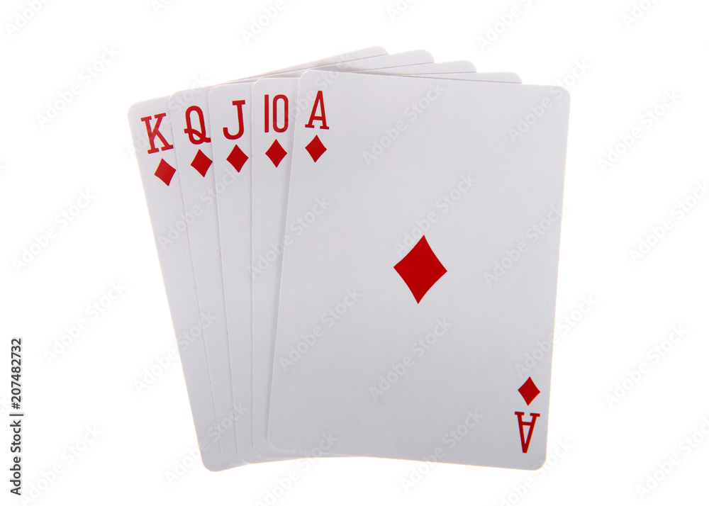 Obraz premium Playing cards, royal flush. A royal flush is a straight flush that has a high card value of Ace. This is the highest hand in the game of poker. Diamonds.
