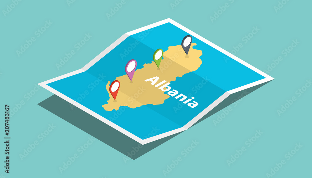 Fototapeta premium albania explore maps with isometric style and pin location tag on top