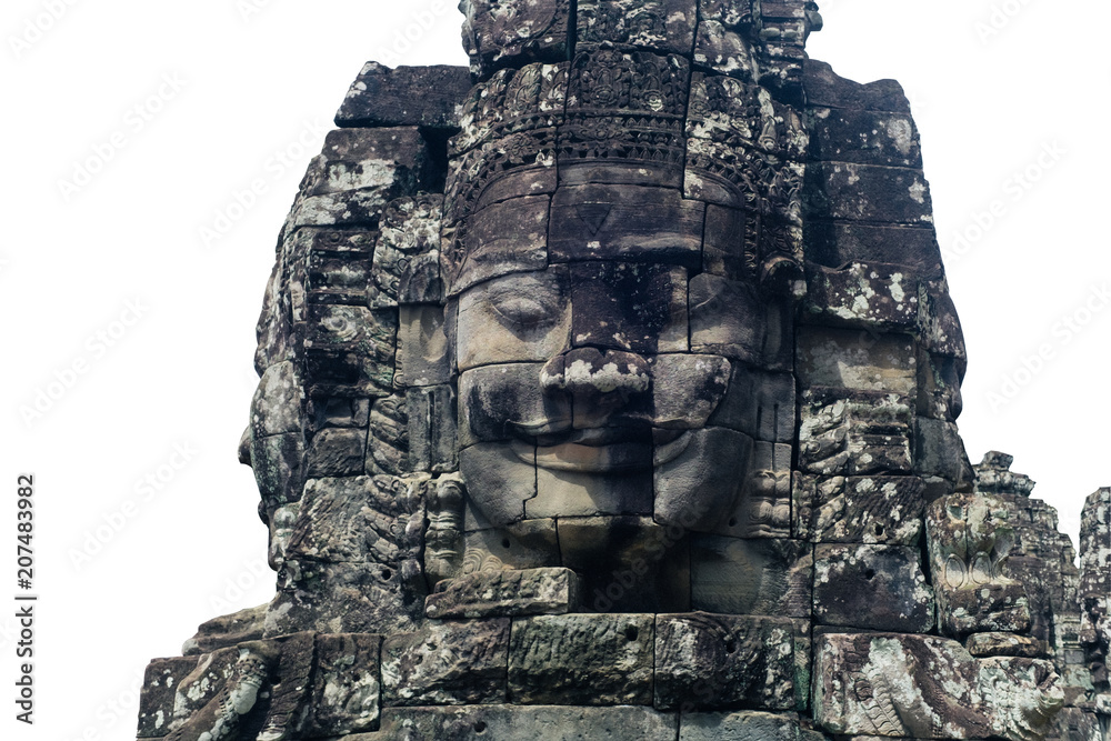 This is a Bayon's face in Siem Reap, Cambodia isolated on white.