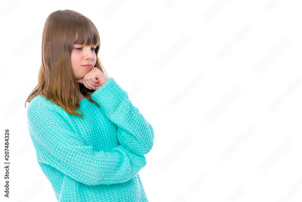 The little girl folded her hands around her face. The little girl folded her hands around her face.