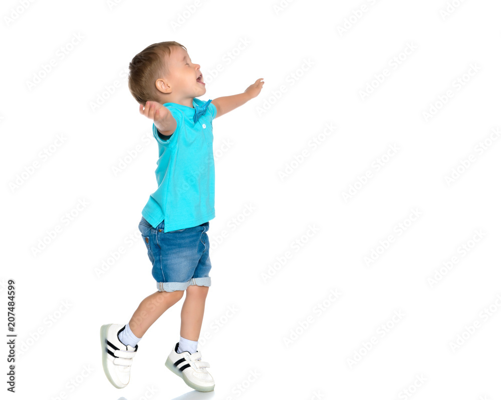 The little boy is emotionally waving his arms. The little boy is emotionally waving his arms.