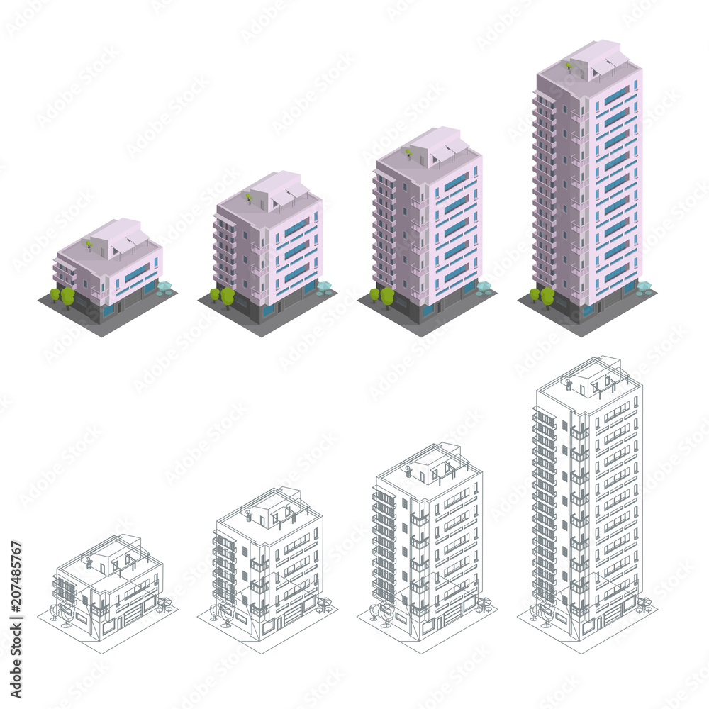 Building. Phases of construction. Modern town house multiple floors. City residence architecture. Different quantity of floors. Contours, drawing isometry. Vector illustration