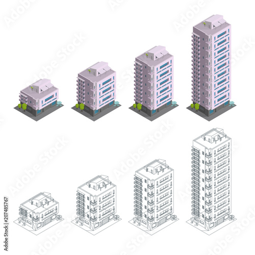 Building. Phases of construction. Modern town house multiple floors. City residence architecture. Different quantity of floors. Contours  drawing isometry. Vector illustration