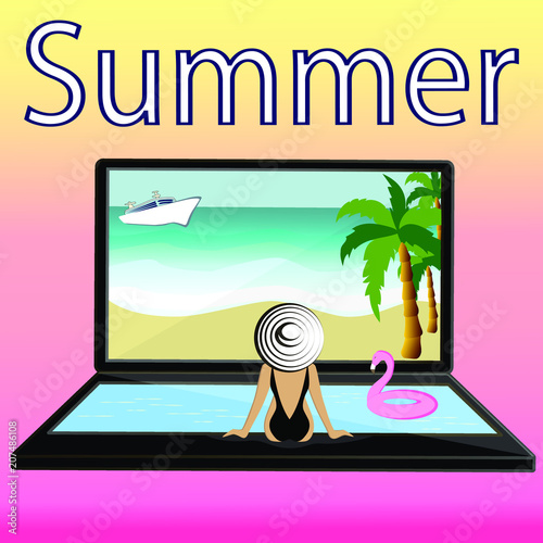 The girl is sitting on the beach. The girl dreams about rest. Summer is a great time to relax.Girl with a computer.