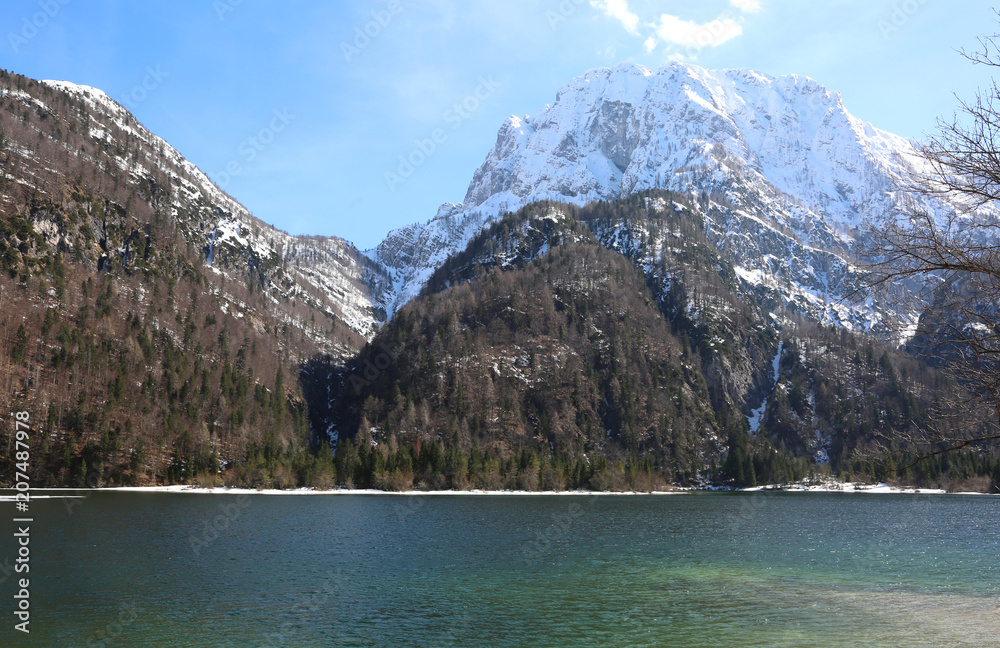 alpine little lake called Predil Lake  Northern Italy near Austr