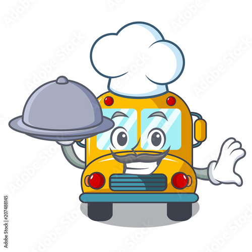 Chef with food school bus mascot cartoon