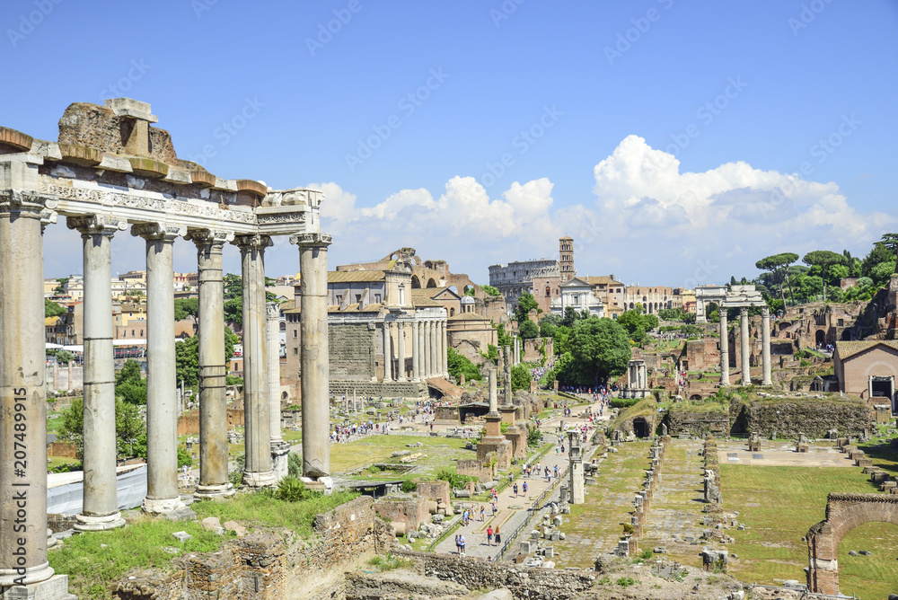 Rome, ruins of the Imperial forums of ancient Rome. Temple of Saturn