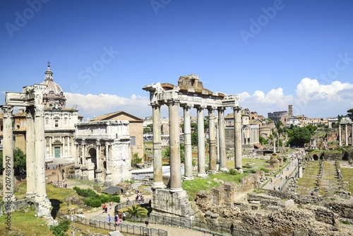 Rome, ruins of the Imperial forums of ancient Rome. Arch of Septimius Severus and Temple of Saturn