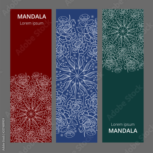 Vector banner set with floral ornament. Rose, tulip, leaf. Circular ornament.