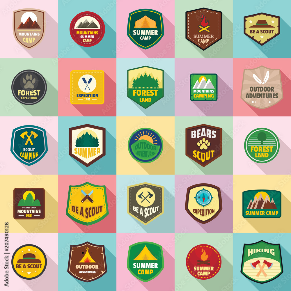 Scout badge emblem stamp icons set. Flat illustration of 25 scout badge emblem stamp vector icons for web