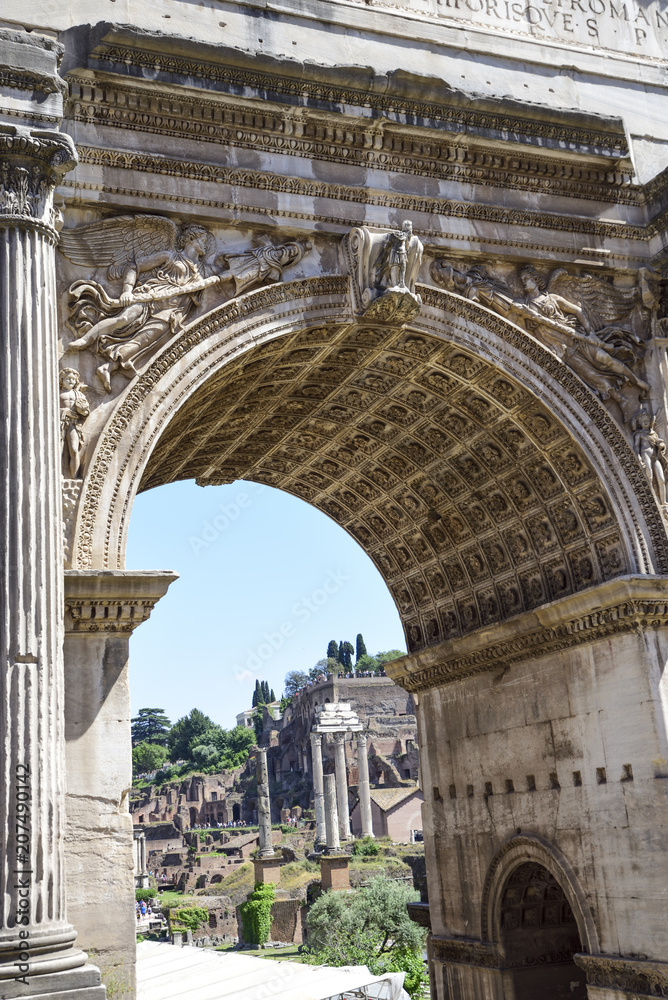 Rome,  ruins of the Imperial forums of ancient Rome. Arch of Septimius Severus