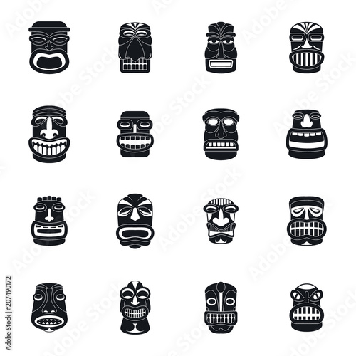 Tiki idol aztec hawaii face icons set. Simple illustration of 16 tiki idol aztec hawaii face vector icons for web