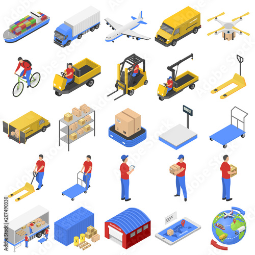 Logistic delivery icons set. Isometric illustration of 25 logistic delivery robot factory vector icons for web