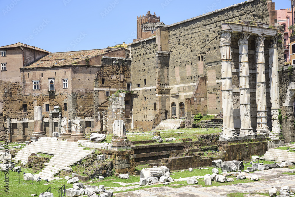 Rome, ruins of the Trajan market and of the forum of Augustus with the temple of Mars