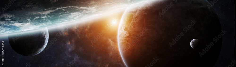 Fototapeta premium Panoramiczny widok planet w odległym Układzie Słonecznym Elementy renderowania 3D tego obrazu dostarczone przez NASA