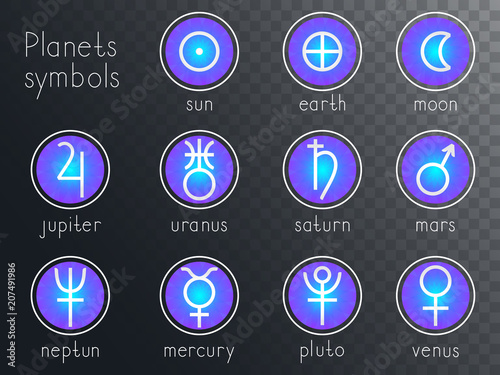 Vector set of round icons with astrological planets symbols. Signs collection: sun, earth, moon, saturn, uranus, neptune, jupiter, venus, mars, pluto, mercury. Colored.