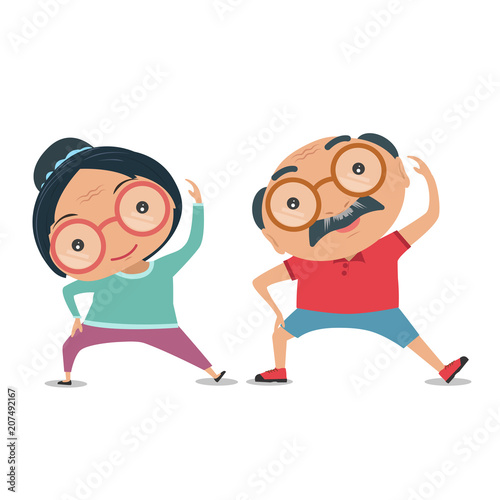 Grandparent, Old senior man and woman the condition of being physically fit and healthy. They are standing exercise for health together isolated on white background. vector and illustration.