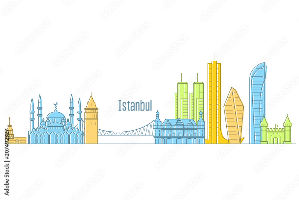 Istanbul cityscape - landmarks and sights of Istanbul in line art