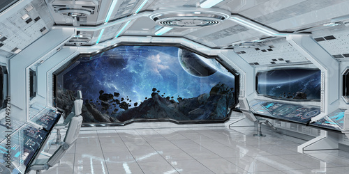 Fototapeta Naklejka Na Ścianę i Meble -  White clean spaceship interior with view on planet Earth 3D rendering