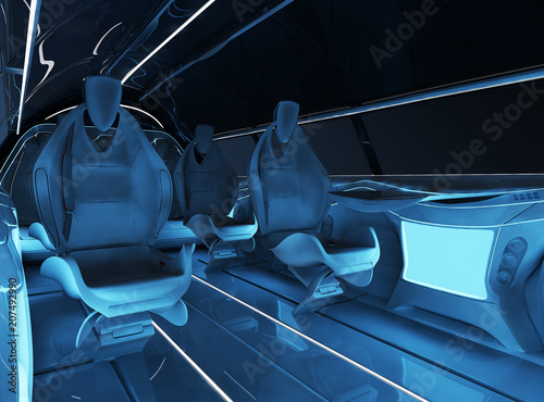 Futuristic interior design of the passenger zone of a supersonic business class aircraft.