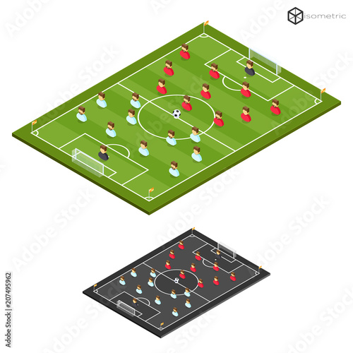 Vector soccer field, football tactical board with figures and ball, isometric.