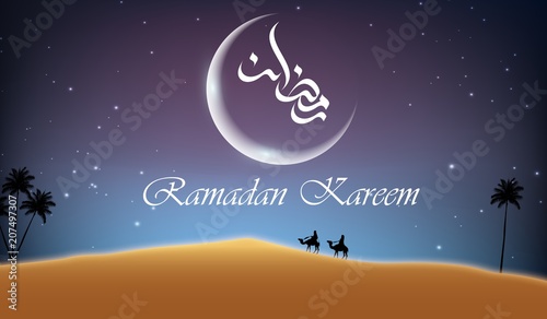 Ramadan kareem arabian night background with group of people riding camel in desert