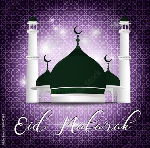 Eid Mubarak greeting with mosque on purple background