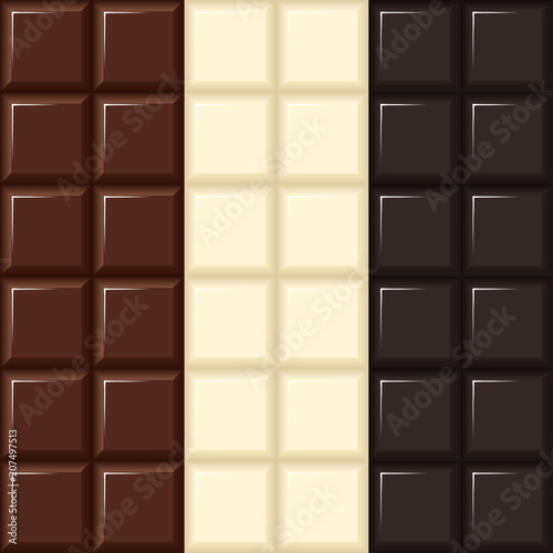 Chocolate background, white, dark, milk. Square design. Vector illustration EPS 10. Seamless patterns