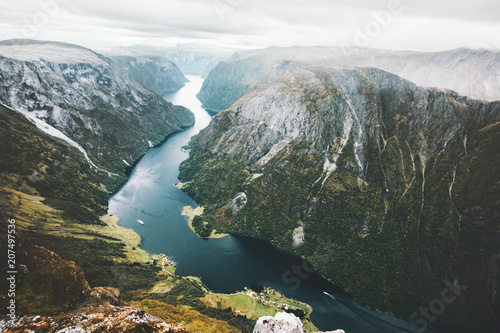 Landscape fjord and mountains in Norway aerial view Naeroyfjord beautiful scenery scandinavian wild nature landmarks