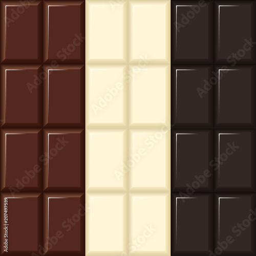 Chocolate background, white, dark, milk. Rectangle design. Vector illustration EPS 10. Seamless patterns