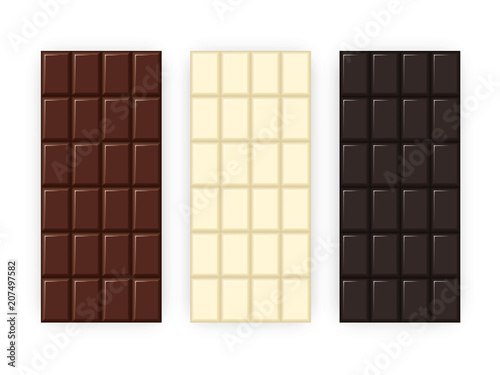 Set of chocolate bars, white, dark, milk. Vector illustration EPS 10