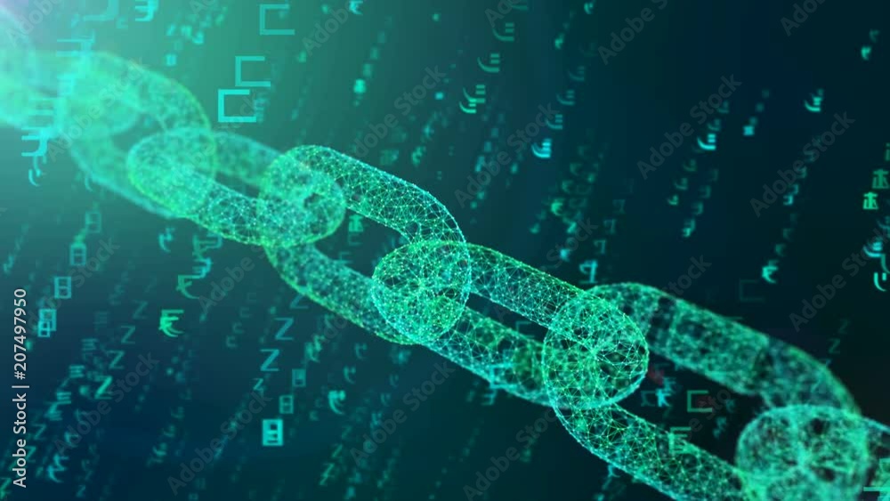 A holographic 3d rendering of a moving chain protecting the cyberspace against the falling symbols of a digital matrix in the blue background. It looks reliable and tough.