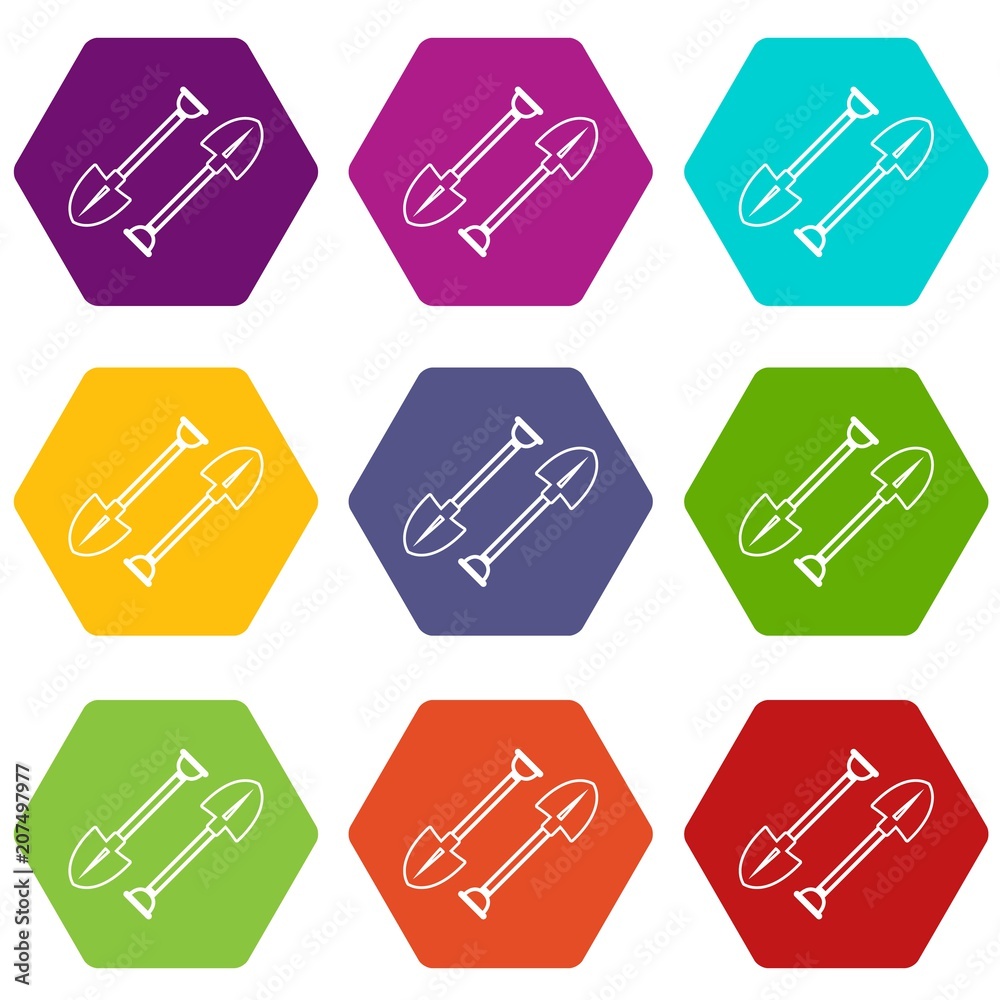 Mine shovel icons 9 set coloful isolated on white for web Mine shovel icons 9 set coloful isolated on white for web