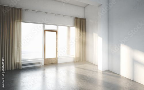 Beautiful White and Bright Room with Sun Light Passing Through  Decorated with Brown Clean Curtain and Cement Floor  Vintage Style  3d Illustration  3d Render.