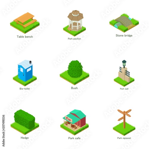 Urban greenery icons set. Isometric set of 9 urban greenery vector icons for web isolated on white background photo