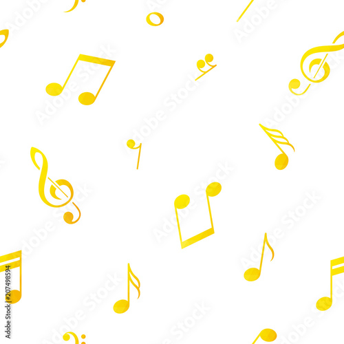 Music background, yellow notes, seamless pattern. Vector illustration