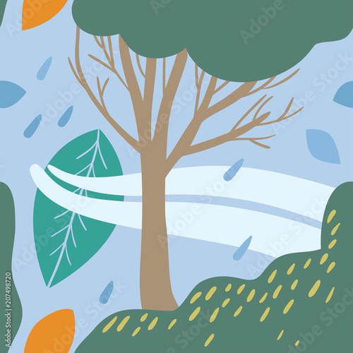 Seamless landscape pattern with tree  leaves  rain drops. Abstract