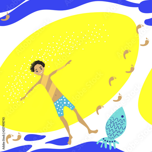 Seamless summer pattern with boy, beach, fish and footprints