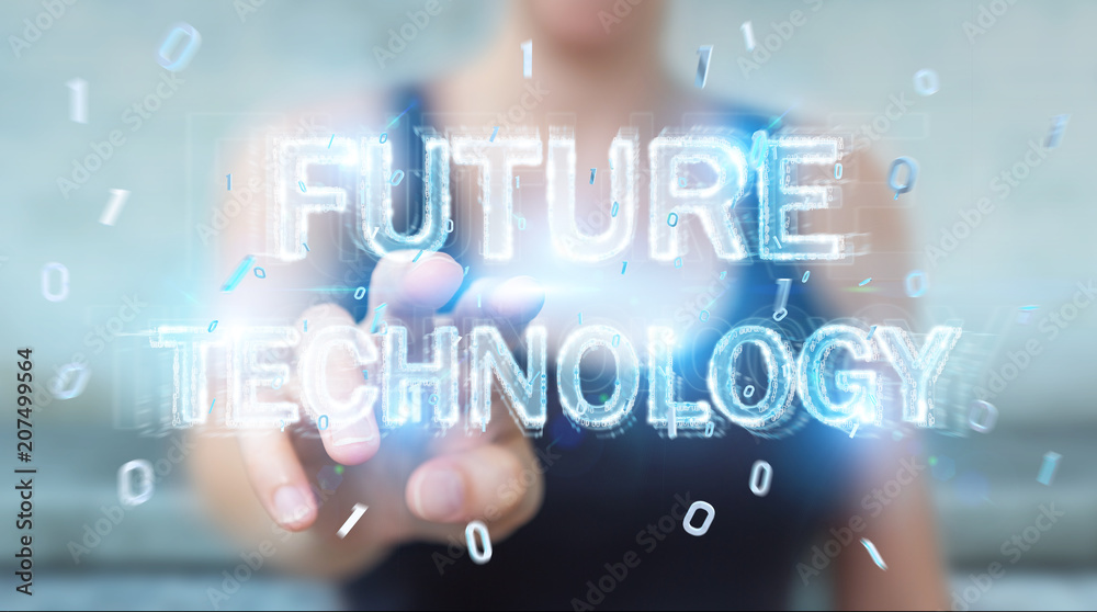 Businesswoman using future technology text interface 3D rendering Businesswoman using future technology text interface 3D rendering