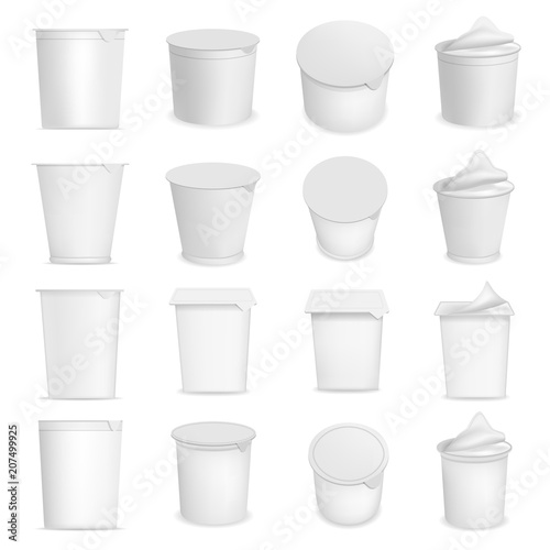 Yogurt cup box dessert packaging mockup set. Realistic illustration of 16 yogurt cup box dessert packaging mockups for web