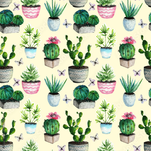 Watercolor cactus and succulent.seamless vintage cactus. print pattern background.seamless pattern.Boho style