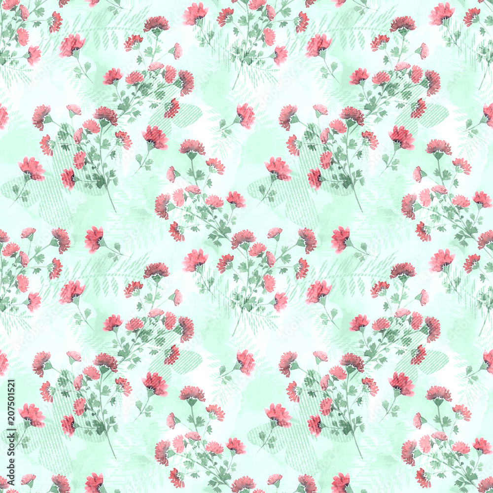Seamless retro floral pattern . Cute red watercolor flowers on light background.
