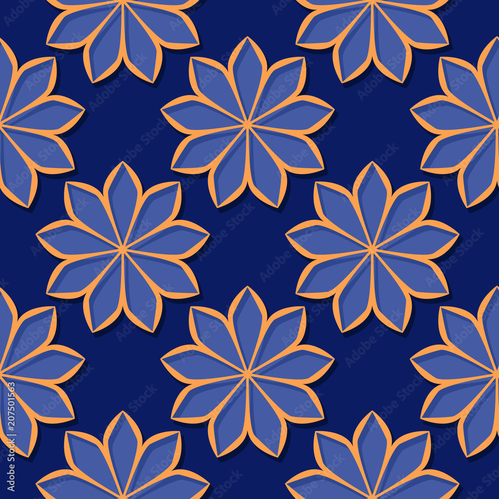 Seamless deep blue background with 3d floral orange elements