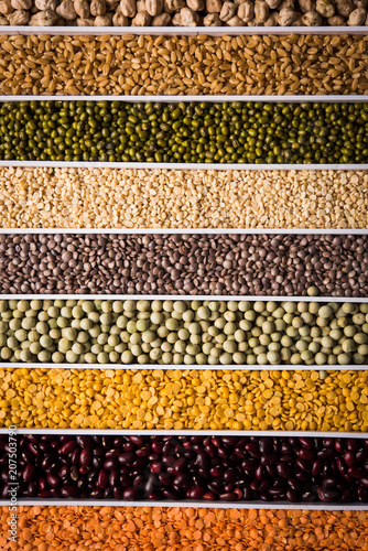 Indian Beans,Pulses,Lentils,Rice and Wheat grain in a white box with cells or strips, selective focus.